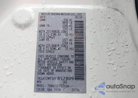 2014 Nissan Rogue Sl z USA, uszkodzony, nr VIN 5N1AT2MT5EC852809